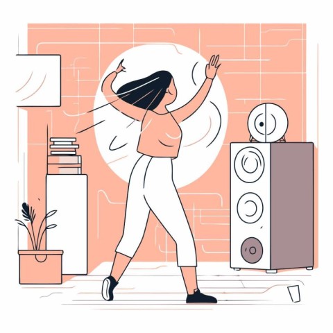 Young woman dancing in living room at home. Flat vector illustra