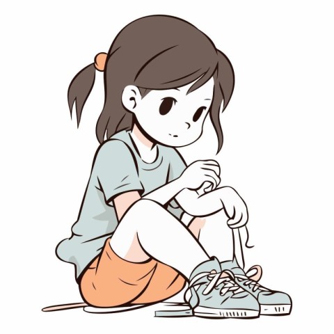 Illustration of a little girl tying shoelaces on her sneakers