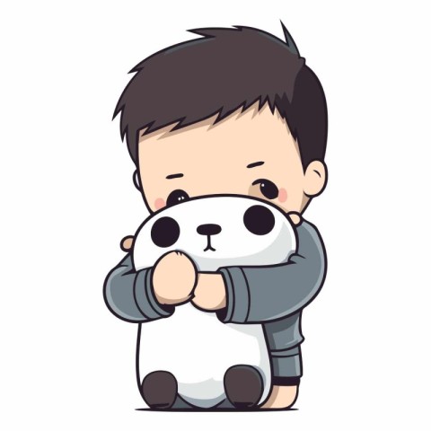 Cute little boy holding panda bear cartoon character vector illu