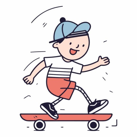 Boy rides a skateboard in a flat style.