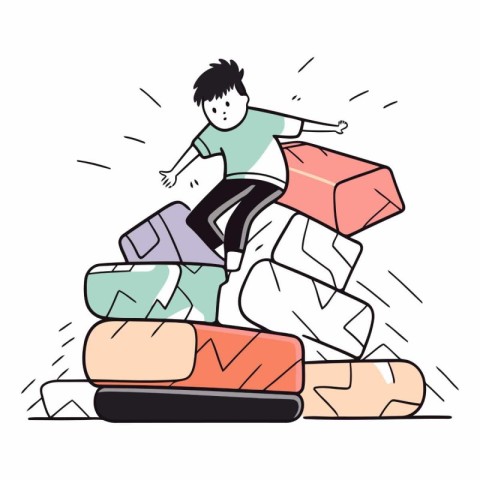 Boy jumping on a pile of books in cartoon style.