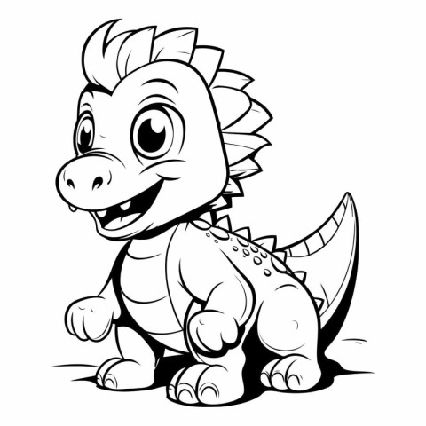 Cute Cartoon Dinosaur - Black and White Vector Illustration. Iso