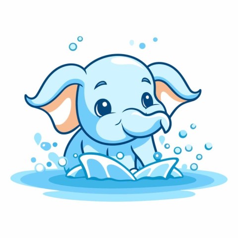 Cute elephant in the water isolated on white background.