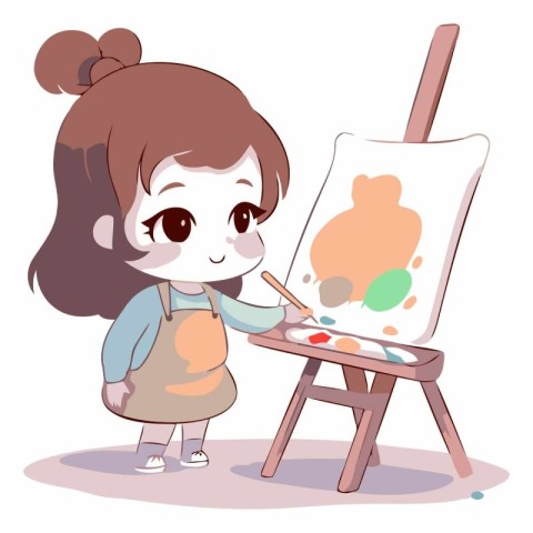 Cute girl painting a picture on easel.