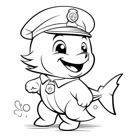 Black and White Cartoon Illustration of Little Fish Captain Char