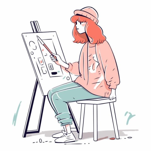 Female artist drawing on canvas in art studio. Young woman in ha