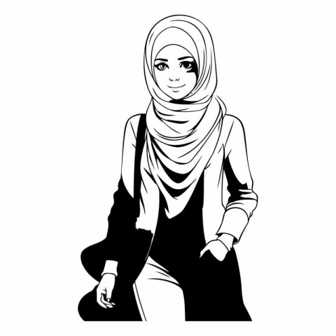 Arabic woman in traditional clothes. black and white vector illu