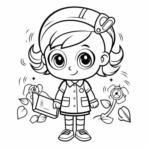 Coloring Page Outline Of Cute Little Girl with a watering can