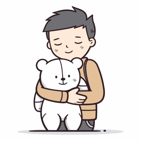 Boy hugging teddy bear. Cute cartoon character.