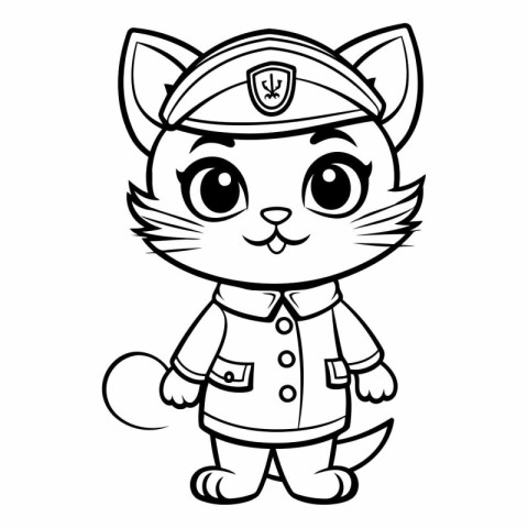 Black and White Cartoon Illustration of Cute Cat Captain Charact