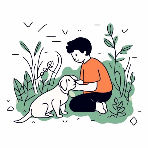 Boy playing with dog in the park in flat style