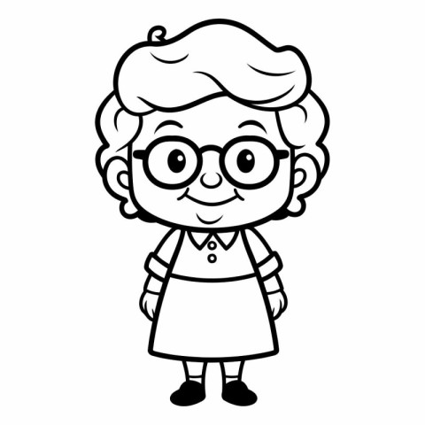 Cute Cartoon Grandmother - Black and White Illustration. Vector