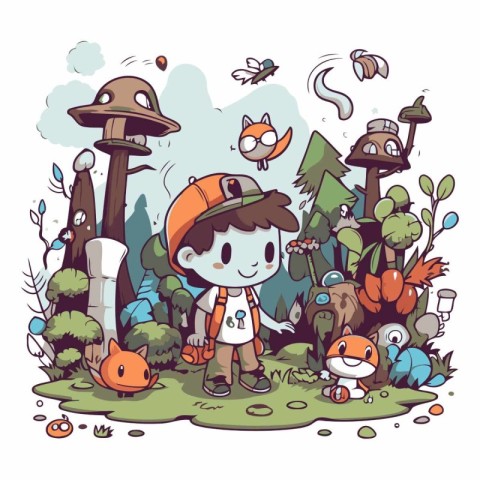 Cute cartoon boy in the forest of a boy in a scout costume.