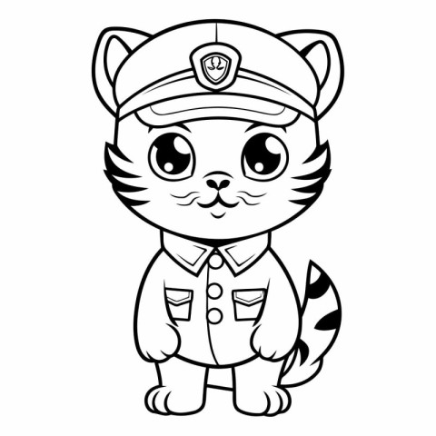 Black and White Cartoon Illustration of Cat Police Officer Chara