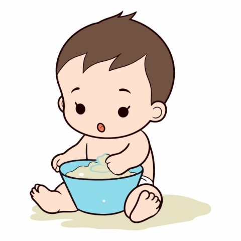 Cute little baby boy playing with a bowl of milk.