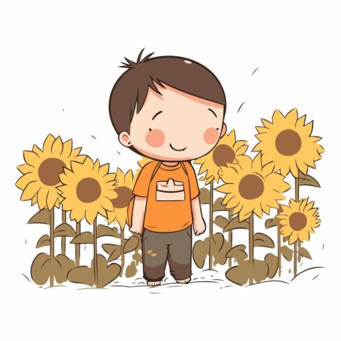 Cute little boy in sunflowers field.
