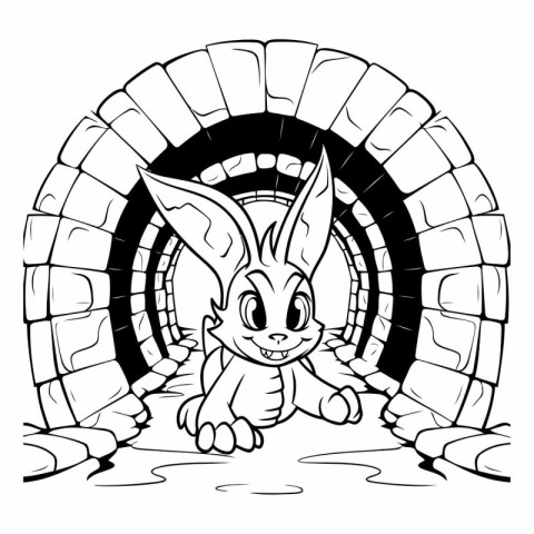 Rabbit in the tunnel. Black and white illustration for coloring