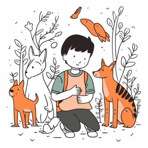 Vector illustration of a boy with dogs in the garden. Hand drawn