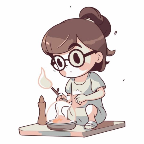 Illustration of a Cute Little Girl Wearing Glasses Making a Meal