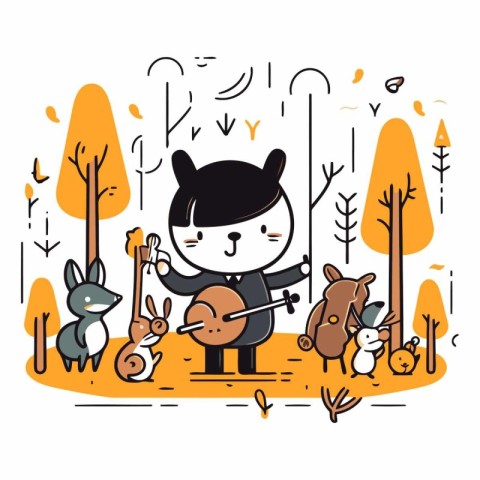 Cute little cat playing violin in autumn forest.