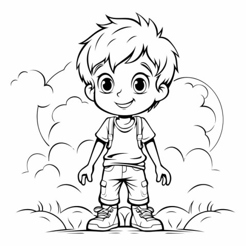 Black and White Cartoon Illustration of Cute Little Boy Characte