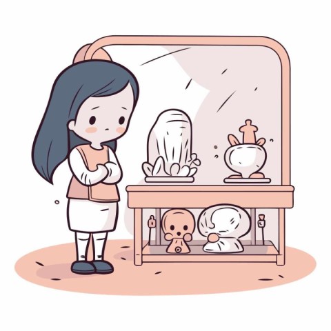 Illustration of a Girl Looking at Herself in the Bathroom