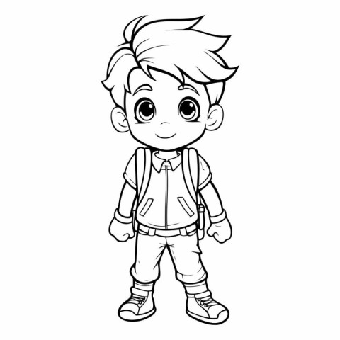 Cute little boy with backpack for coloring book.