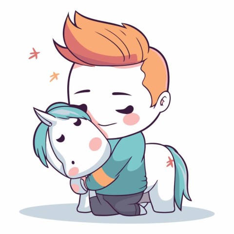 Cute cartoon little boy hugging a white horse.