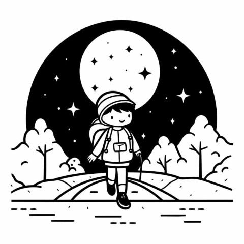 little boy with backpack and hat in the landscape at night vecto