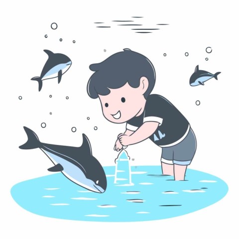 Boy feeding a dolphin in cartoon style on white background.