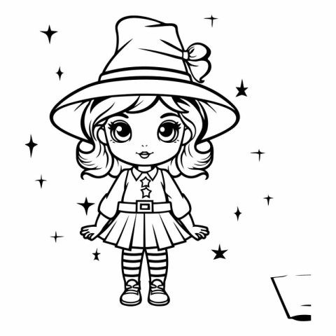 Black and White Cartoon Illustration of Cute Little Witch Girl f