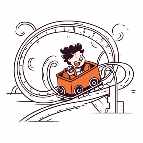 Vector illustration of a little boy riding a roller coaster on t