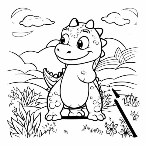 Black and White Cartoon Illustration of Cute Dinosaur Animal for