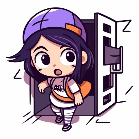 Cute little girl with vending machine in cartoon style.