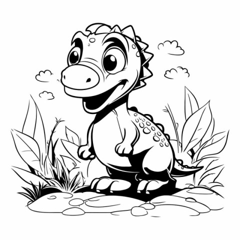 Cute cartoon dinosaur sitting in the grass. black and white vect