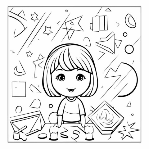 Coloring Page Outline Of a Cute Little Girl Playing With Geometr