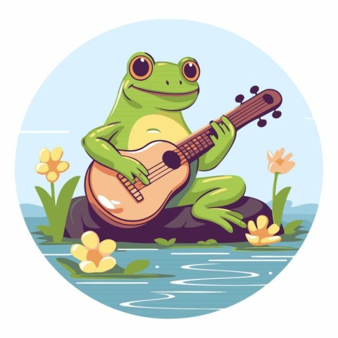 Frog playing guitar in the pond in cartoon style.