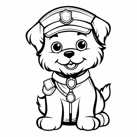 Cute Cartoon Police Dog - Black and White Vector Illustration. I