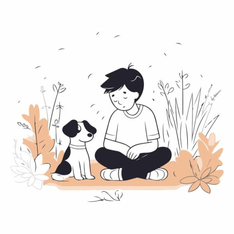 Vector illustration of a boy sitting with his dog in the park.