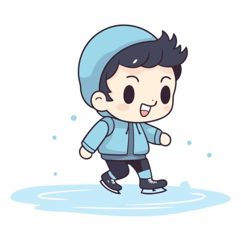 Cute little boy ice skating on ice. cartoon vector illustration.