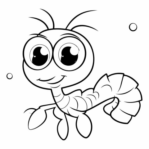 Black and white illustration of a funny cartoon shrimp. Coloring