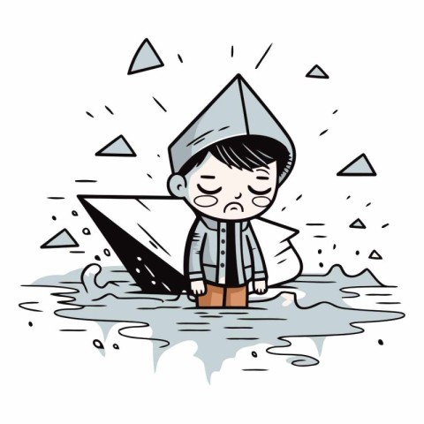 Illustration of a boy playing with a paper boat in the water