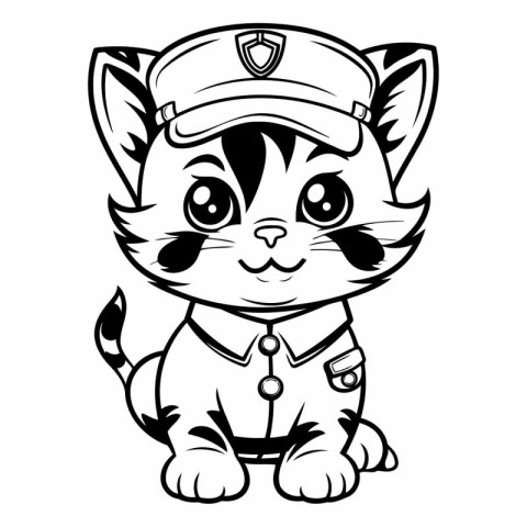 Black and White Cartoon Illustration of Cute Cat Police Officer