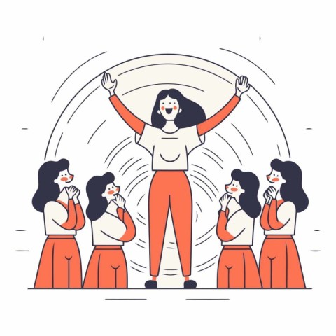 Women with hands up in flat linear style. Concept of women power