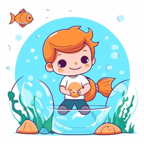 Cute little boy playing with fish in aquarium.