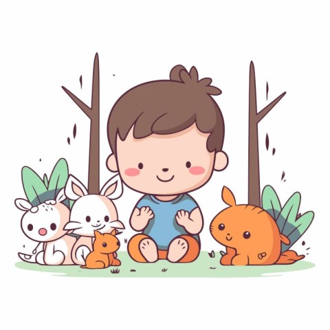 cute little boy with animals in the park characters vector illus