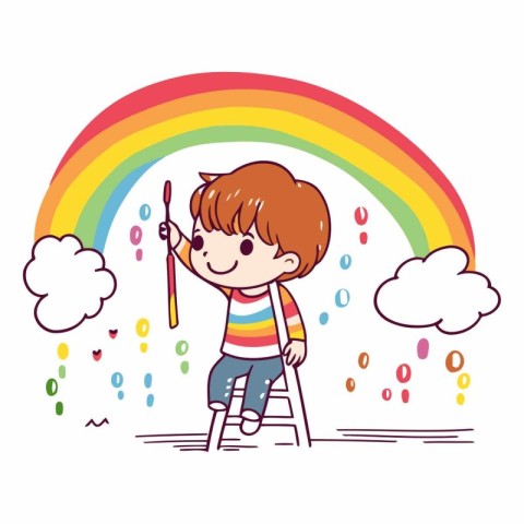 cute little boy painting rainbow cartoon vector illustration gra