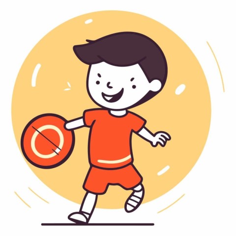 Cartoon little boy playing soccer with ball in a flat style.