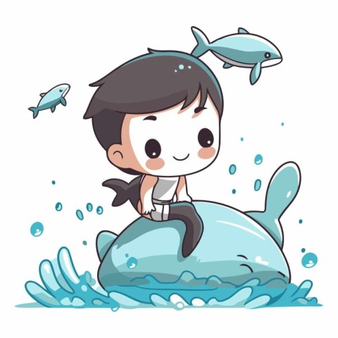 cute boy and whale in the sea of a cartoon character.