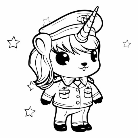 Black and White Cartoon Illustration of Cute Unicorn Sailor Girl